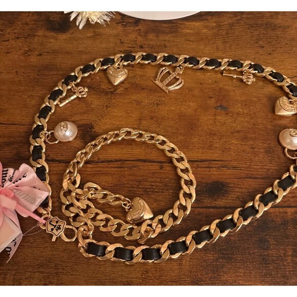 Juicy Couture Gold-Tone & Black Charm Link Dangle Belt M/L Heart Crown Key - Picture 1 of 12